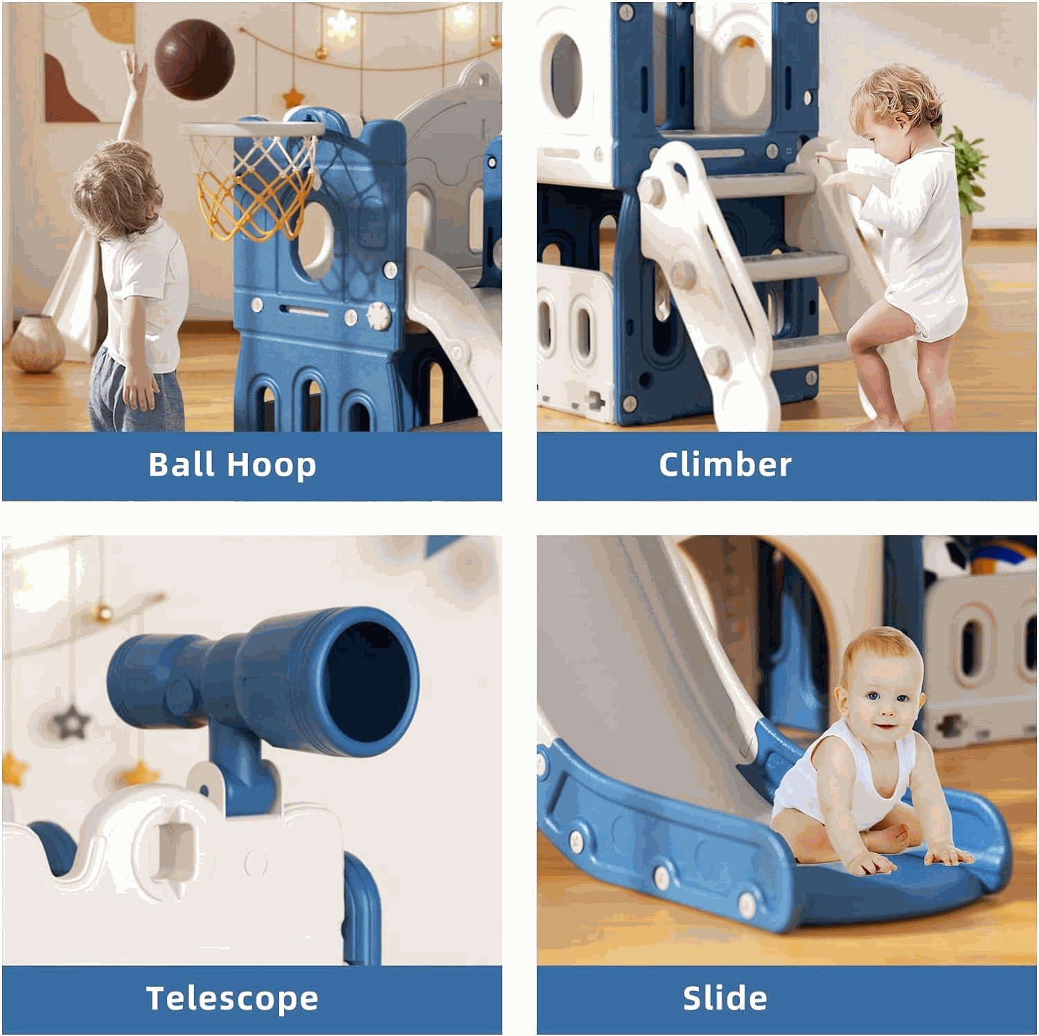 Speeltoestel Toren 3 in 1 blauw met glijbaan, basketbalring, klimmogelijkheid en telescoop voor binnen en buitengebruik, geschikt voor peuters en kleuters