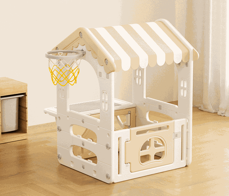 Modern speelgoed speelhuisje voor kinderen in crème beige, geschikt voor binnen en buiten, met basketbalring