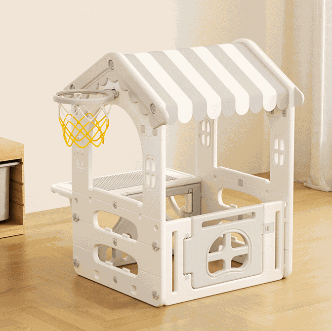 Speelhuis Modern grijs/wit voor peuters en kleuters met basketbalring en stoffen dak, geschikt voor binnen en buiten in de tuin