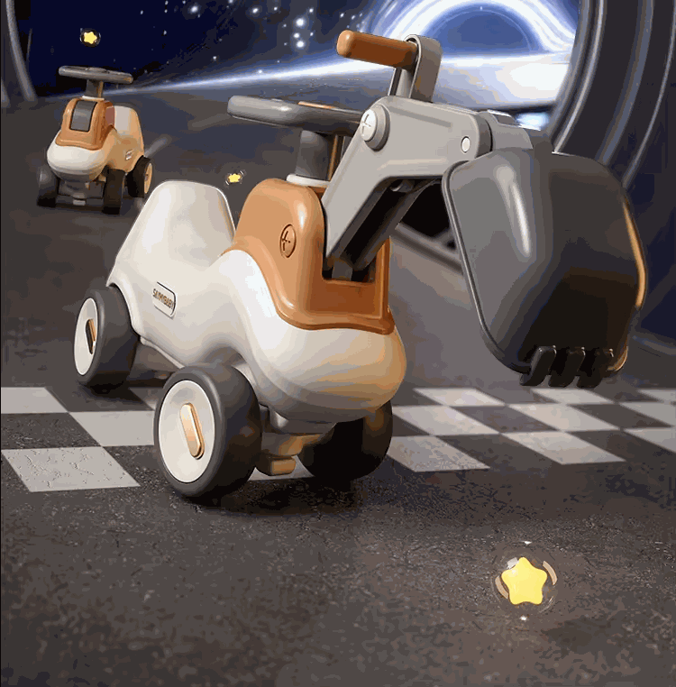 Beige en bruine Hobbelfiguur 2 in 1 Graafmachine hobbelwagen en loopwagen voor kinderen binnen en buiten.