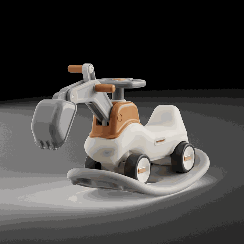 Beige en bruine Hobbelfiguur 2 in 1 Graafmachine hobbelwagen en loopwagen speelgoed voor kinderen van 1-3 jaar, geschikt voor binnen en buitengebruik.