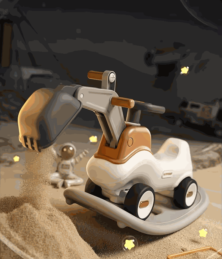 Beige en bruine Hobbelfiguur 2 in 1 hobbelwagen en loopwagen in model graafmachine voor kinderen binnen en buiten