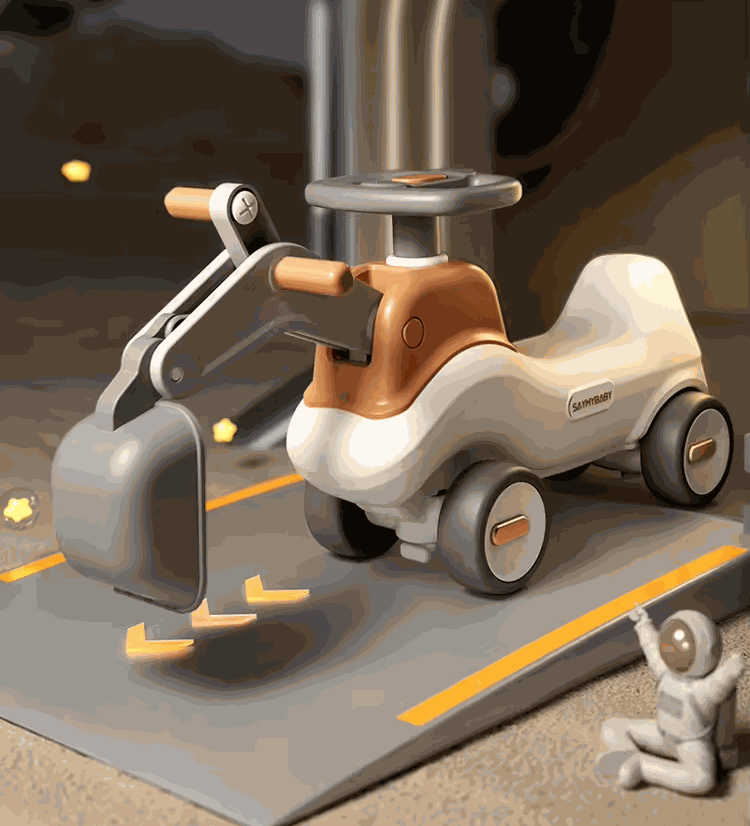 Hobbelfiguur 2 in 1 beige bruine hobbelwagen en loopwagen graafmachine voor kinderen binnen en buiten