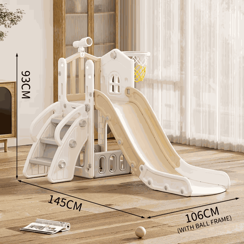 Beige cream Speeltoestel Toren 3 in 1 indoor and outdoor playset with slide and basketball hoop for kids.