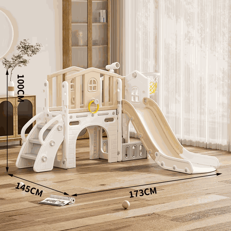 Beige Speeltoestel Toren Luxe met glijbaan en basketbalnet voor binnen en buitengebruik