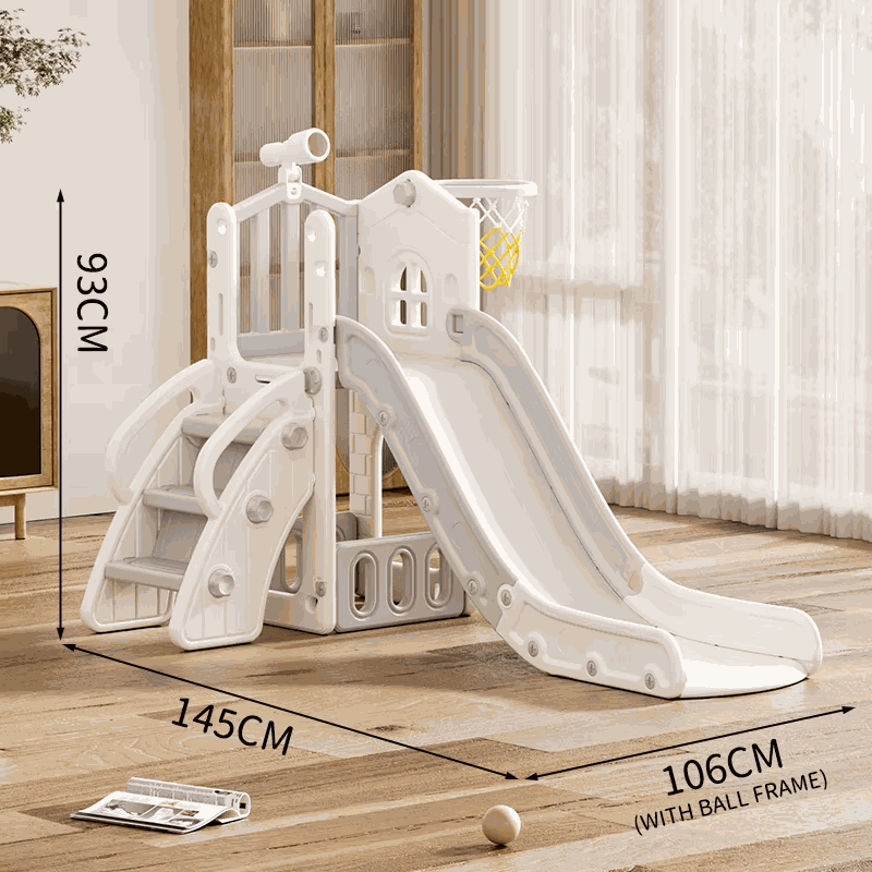 Speeltoestel Toren 3 in 1 huis grijs/wit met glijbaan en basketbalring voor binnen en buiten