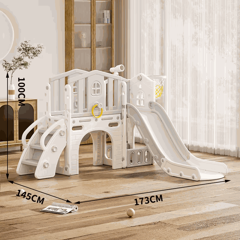 Speeltoestel Toren Luxe Huis grijs/wit met glijbaan, basketbalnet en loopbrug voor binnen en buitengebruik