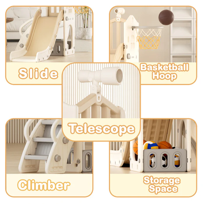 Speeltoestel Toren 3 in 1 Huis Beige/Crème met glijbaan en basket