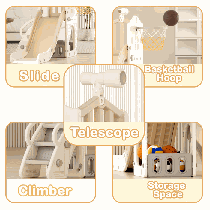 Speeltoestel Toren 3 in 1 beige met glijbaan, basketbalring, klimrek en opbergruimte voor binnen en buiten kinderen.
