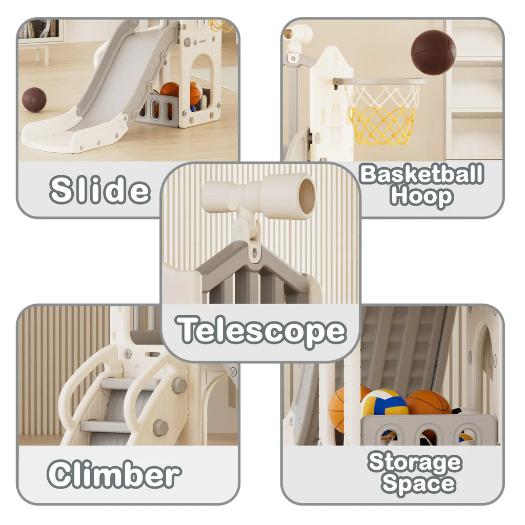 Speeltoestel Toren 3 in 1 Huis Grijs/Wit met glijbaan en basket
