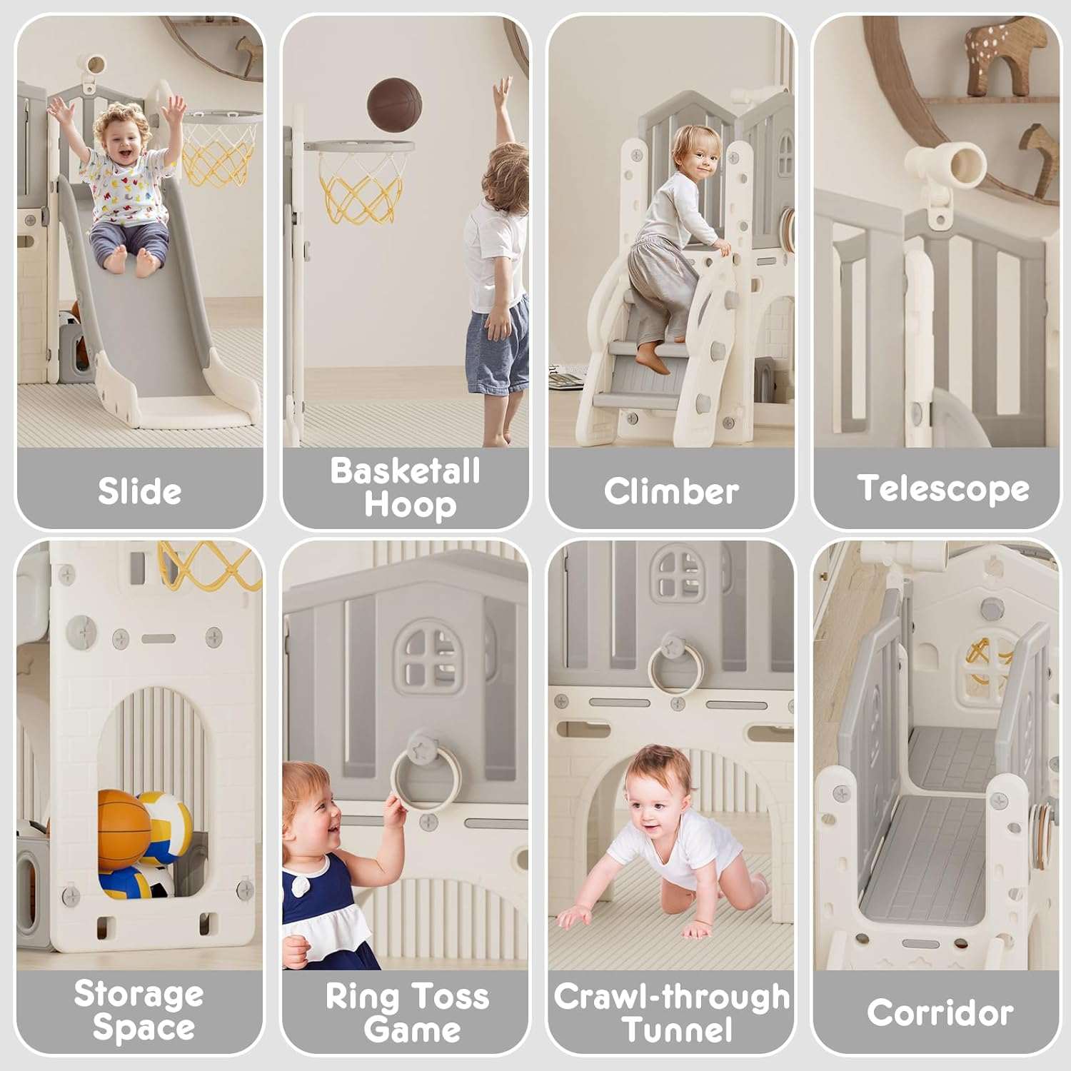 Speeltoestel Toren Luxe beige kinderspeelhuis met glijbaan basketbalring klimtoren en speelelementen voor binnen en buitengebruik