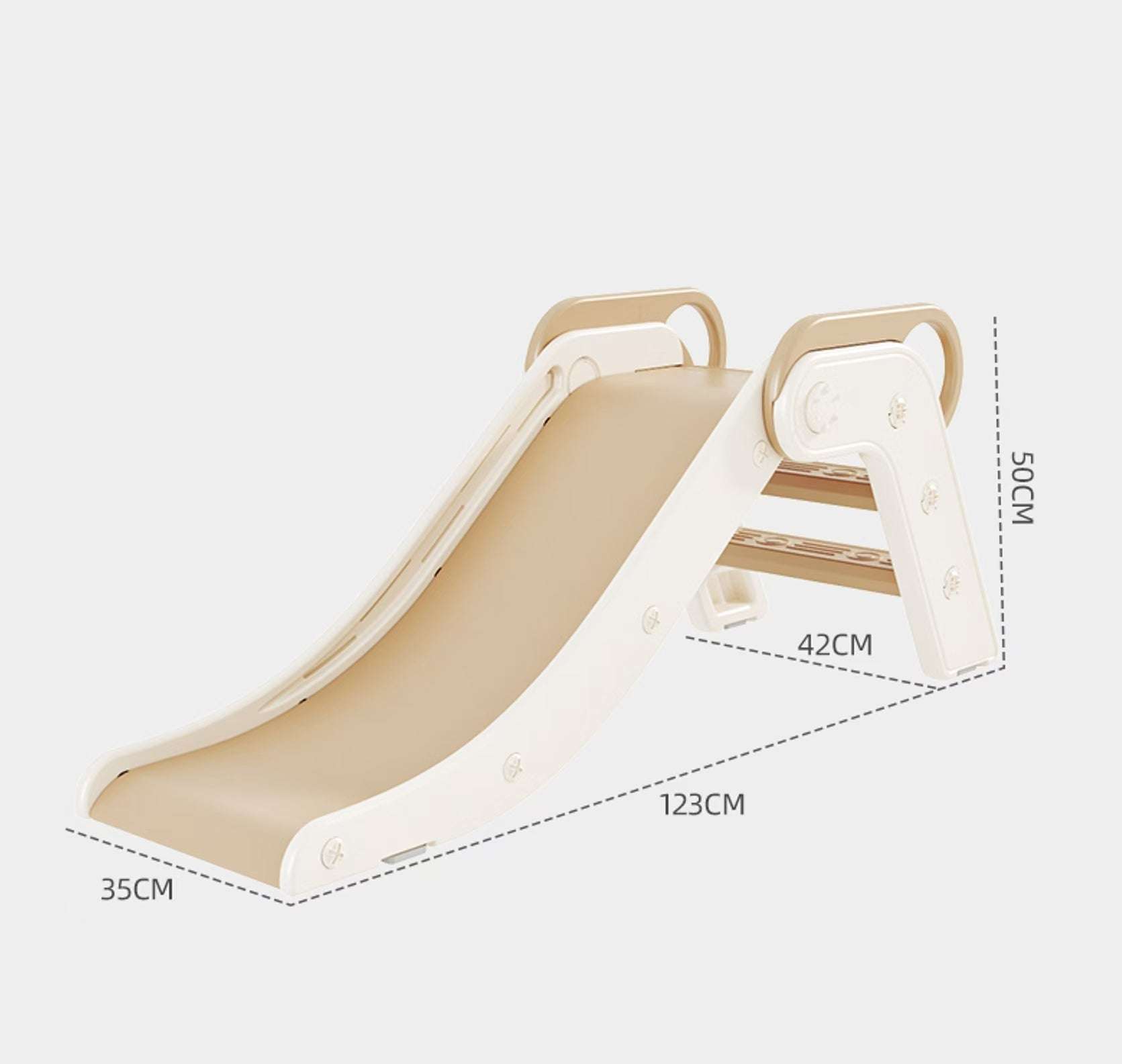 Beige crème inklapbare Glijbaan Peuter Modern voor binnen en buiten, 123x50x42 cm, duurzaam kunststof, antislip treden, maximale belasting 30 kg.