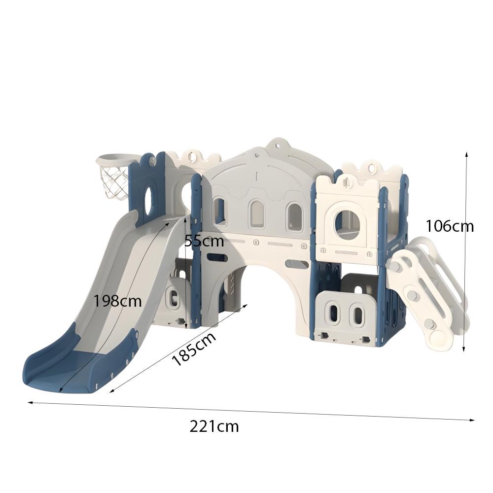 Speeltoestel Kasteel XL blauw binnen buiten glijbaan met basketbalring voor peuters en kleuters