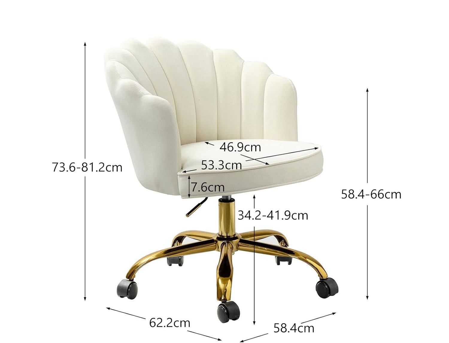 Crème velvet schelp bureaustoel met goudkleurig onderstel en verstelbare zithoogte