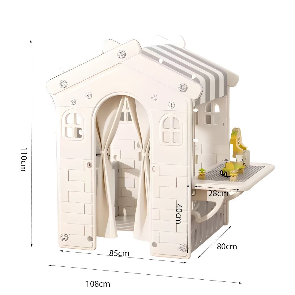 Speelhuis XL Grijs/Wit duurzaam kunststof speelhuisje voor binnen en buiten, 108x80x110 cm, met deurtje, stoffen dak en werkblad, geschikt voor peuters en kleuters.
