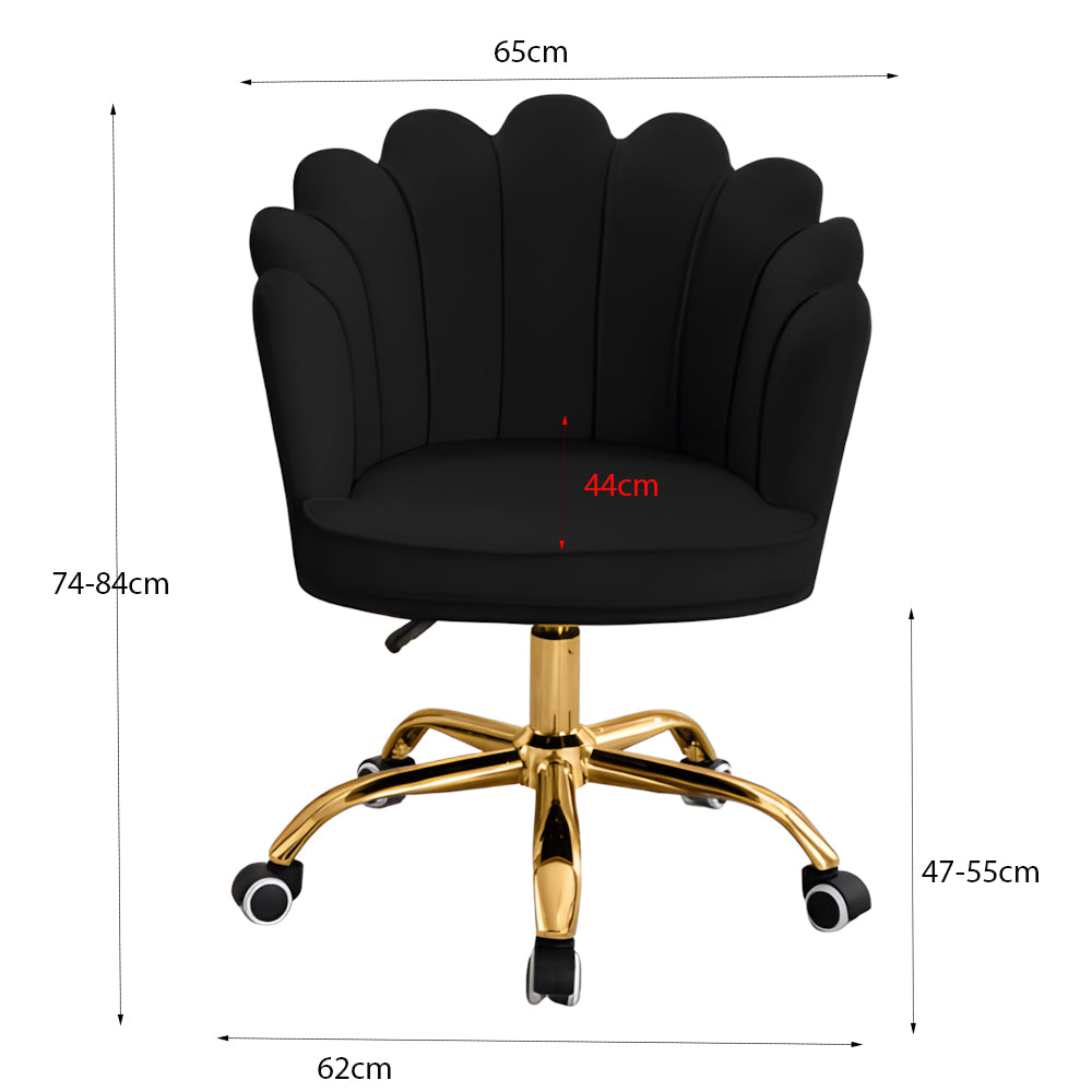 Velvet Schelp Bureaustoel Zwart met Goudkleurig onderstel