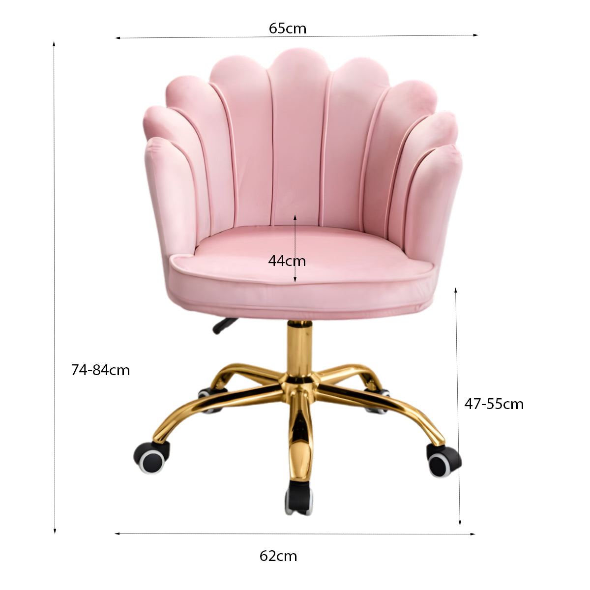 Roze Velvet Schelp Bureaustoel met goudkleurig onderstel, verstelbaar en draaibaar