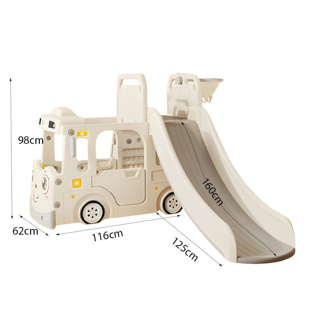 Robuust Speeltoestel Peuter Busje in grijs/wit met glijbaan voor binnen en buiten, inclusief stuurtje en basketbalring, geschikt voor kinderen van 3 tot 5 jaar