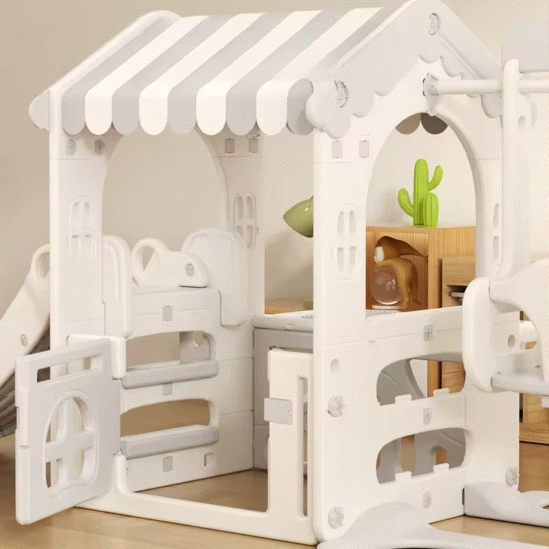 Speelhuis Modern grijs-wit kunststof speelhuis met glijbaan en basketbalring voor peuters 3-5 jaar binnen en buiten gebruik