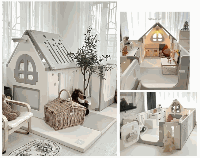 Speelhuis 2 in 1 grijs wit kinder speelhuisje met hekje veilige box zonder gereedschap