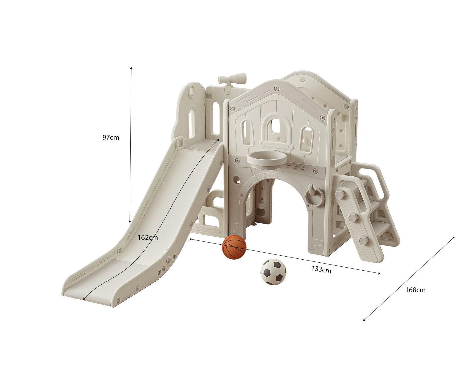 Speeltoestel Toren 3 in 1 Nature met glijbaan en basket Grijs/Wit