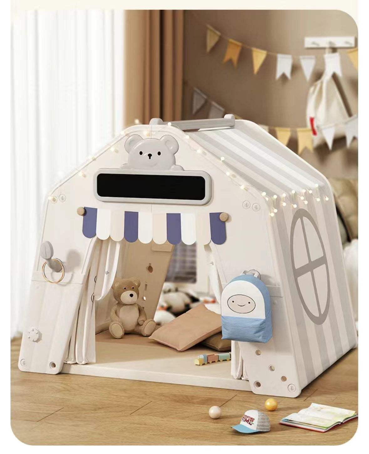 Grijs kunststof speelhuis tent met stoffen dak, binnen- en buitengebruik, inclusief werkblad, tekenbord en opbergvakken voor peuters en kleuters.