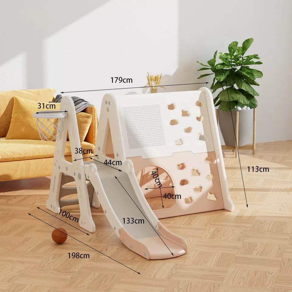 Speeltoestel met klimwand en glijbaan, basketbalring en speelhuis voor binnen en buiten