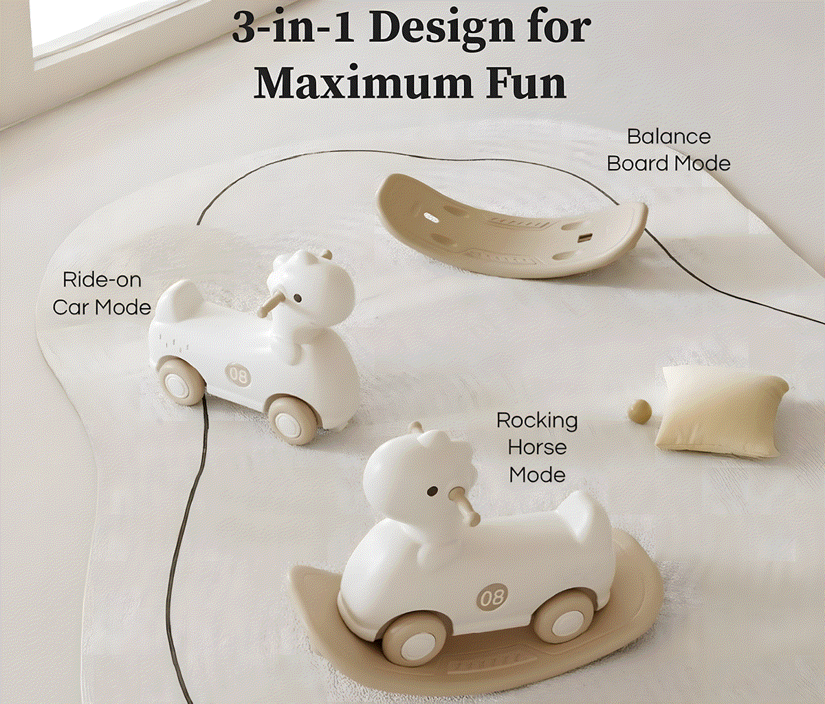 Beige crème Hobbelfiguur Loopwagen 2-in-1 kindervoertuig voor binnen en buiten