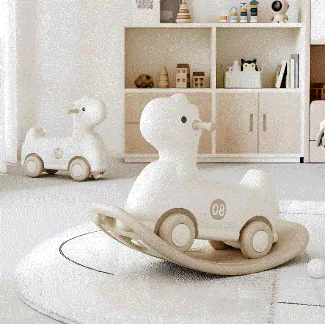 Hobbelfiguur Loopwagen Basic Beige/Crème 2-in-1 hobbeldier en loopwagen speelgoed voor binnen en buiten