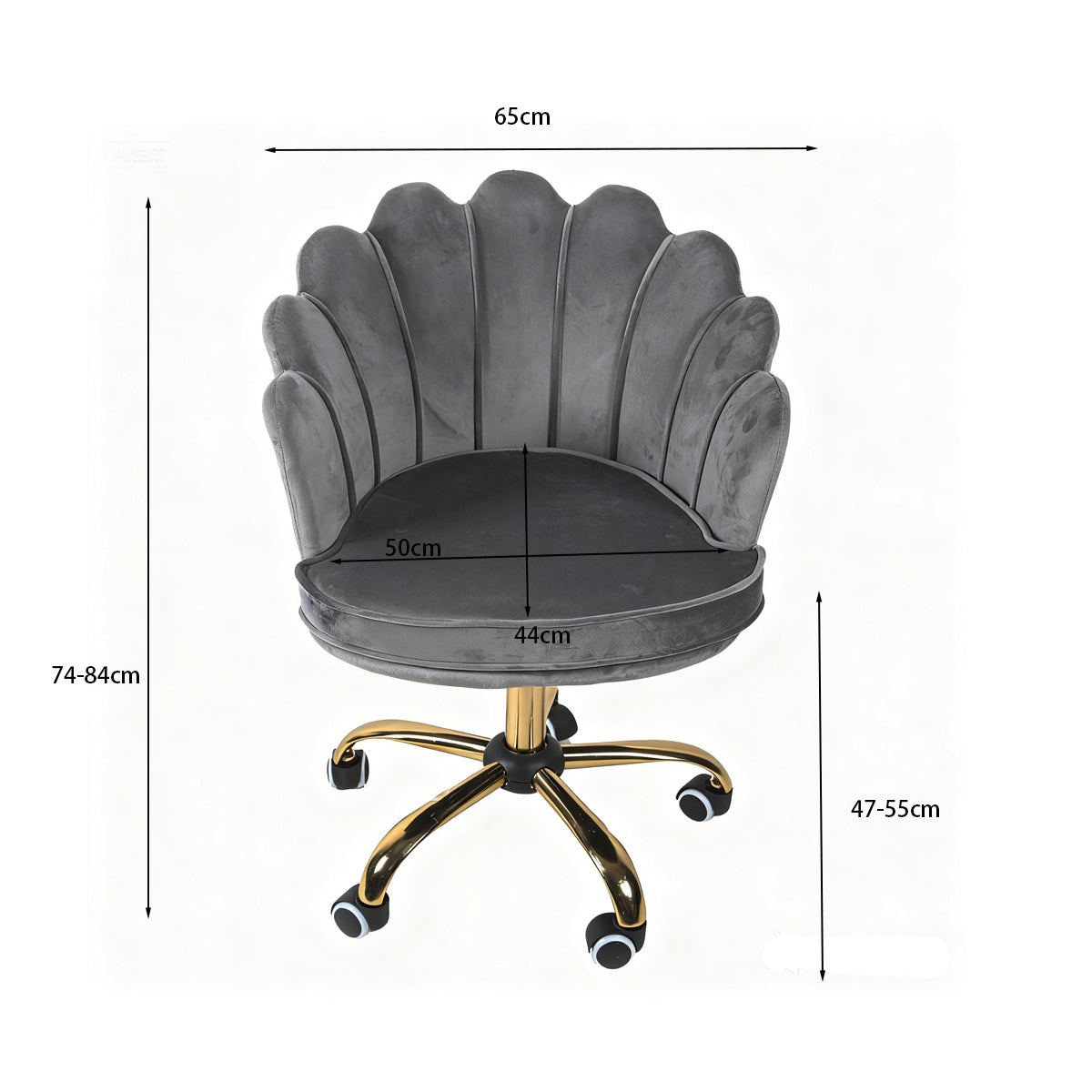 Velvet Schelp Bureaustoel Grijs met Goudkleurig onderstel