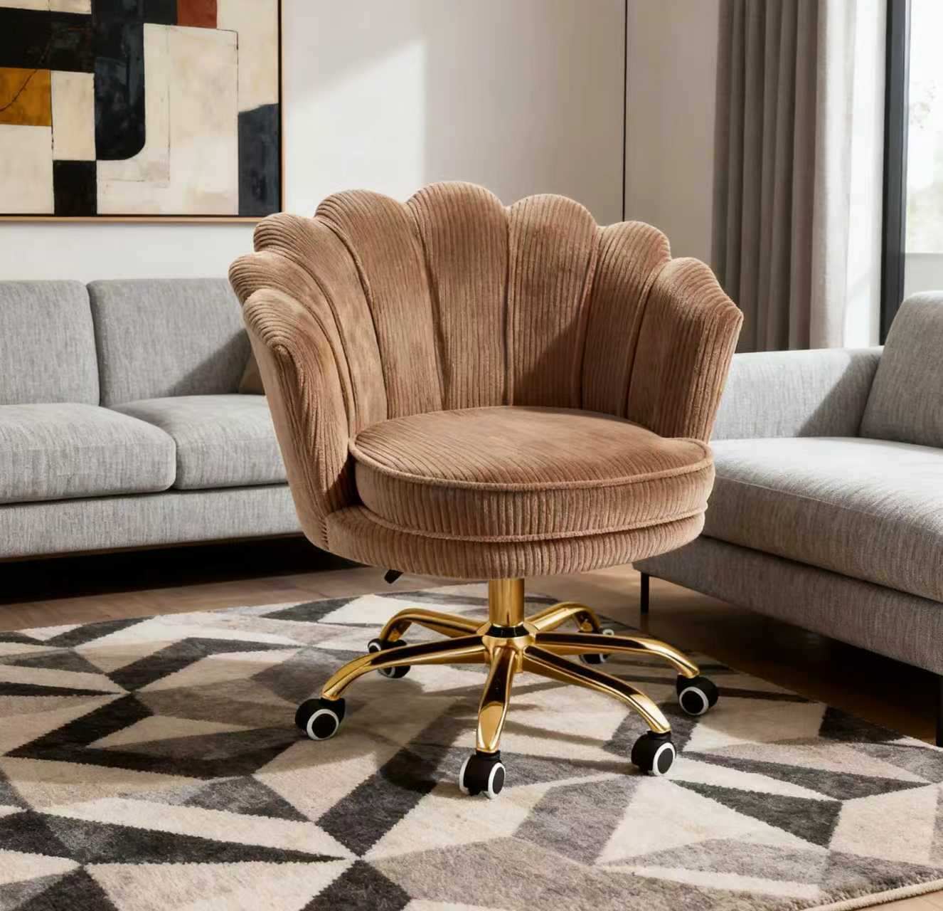 Rib Schelp Bureaustoel bruin met goudkleurig onderstel en verstelbare zithoogte