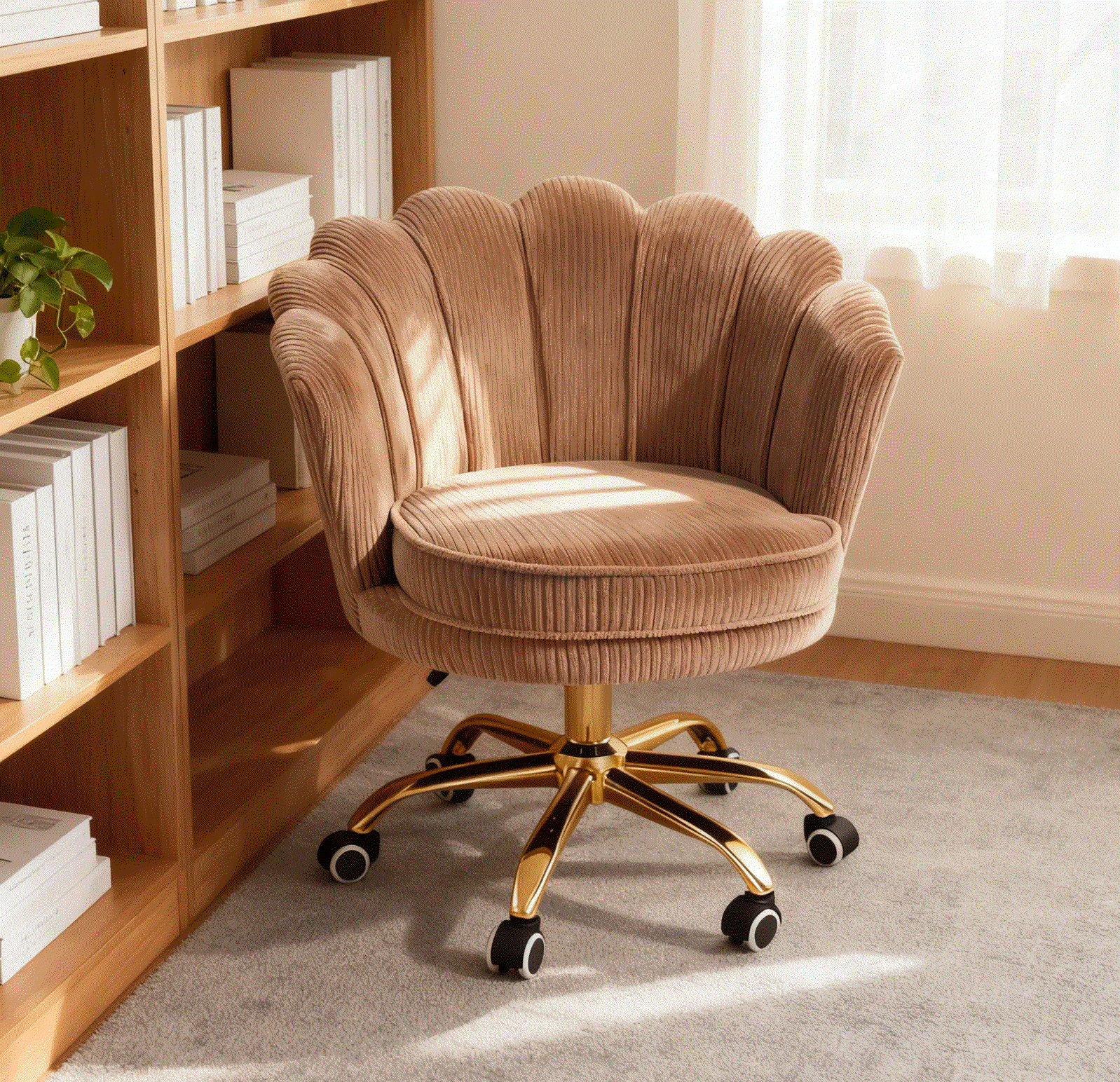 Bruine Rib Schelp bureaustoel met goudkleurig onderstel en wieltjes in een werkkamer