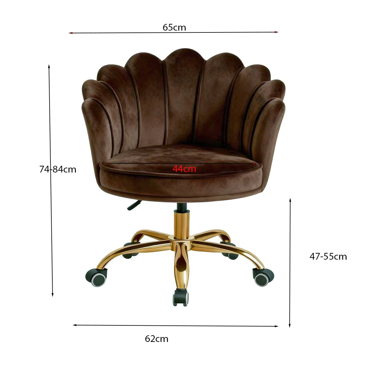 Velvet Schelp Bureaustoel Donkerbruin met Goudkleurig onderstel