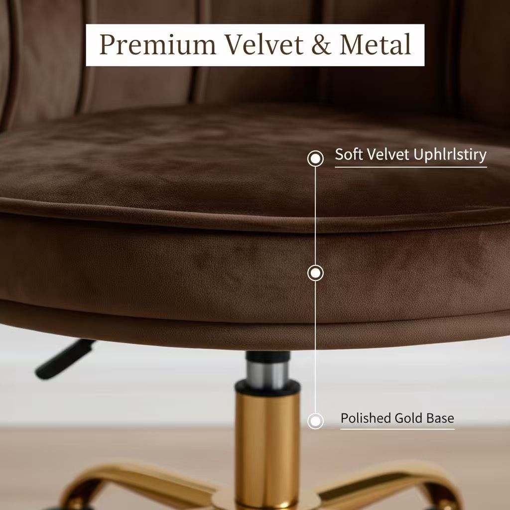 Velvet Schelp Bureaustoel donkerbruin met goudkleurig onderstel, verstelbaar en 360° draaibaar