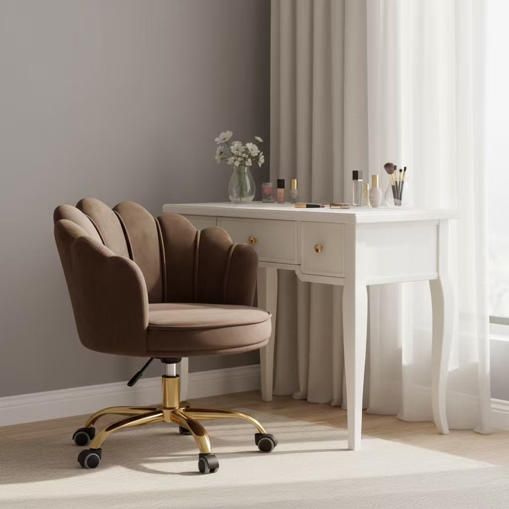 Velvet Schelp Bureaustoel Donkerbruin met Goudkleurig onderstel