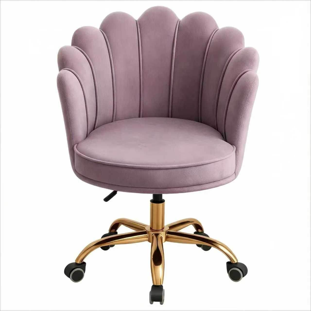 Paars velvet schelp bureaustoel met goudkleurig onderstel en 360° draaibare wielen