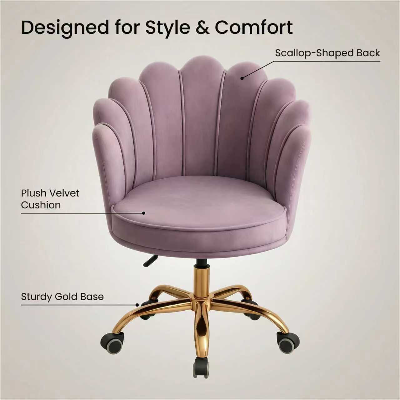 Velvet Schelp Bureaustoel Paars met Goudkleurig onderstel