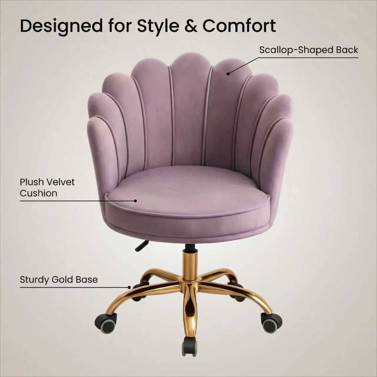 Paars Velvet Schelp Bureaustoel met goudkleurig onderstel en 360° draaibare basis