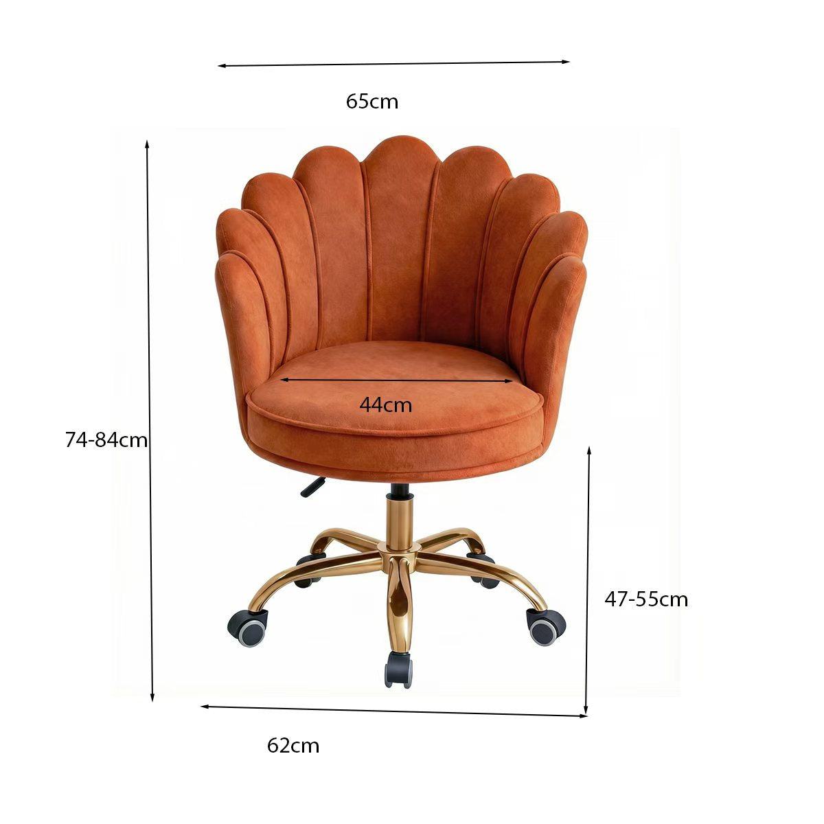 Oranje velvet schelp bureaustoel met goudkleurig onderstel en verstelbare zithoogte