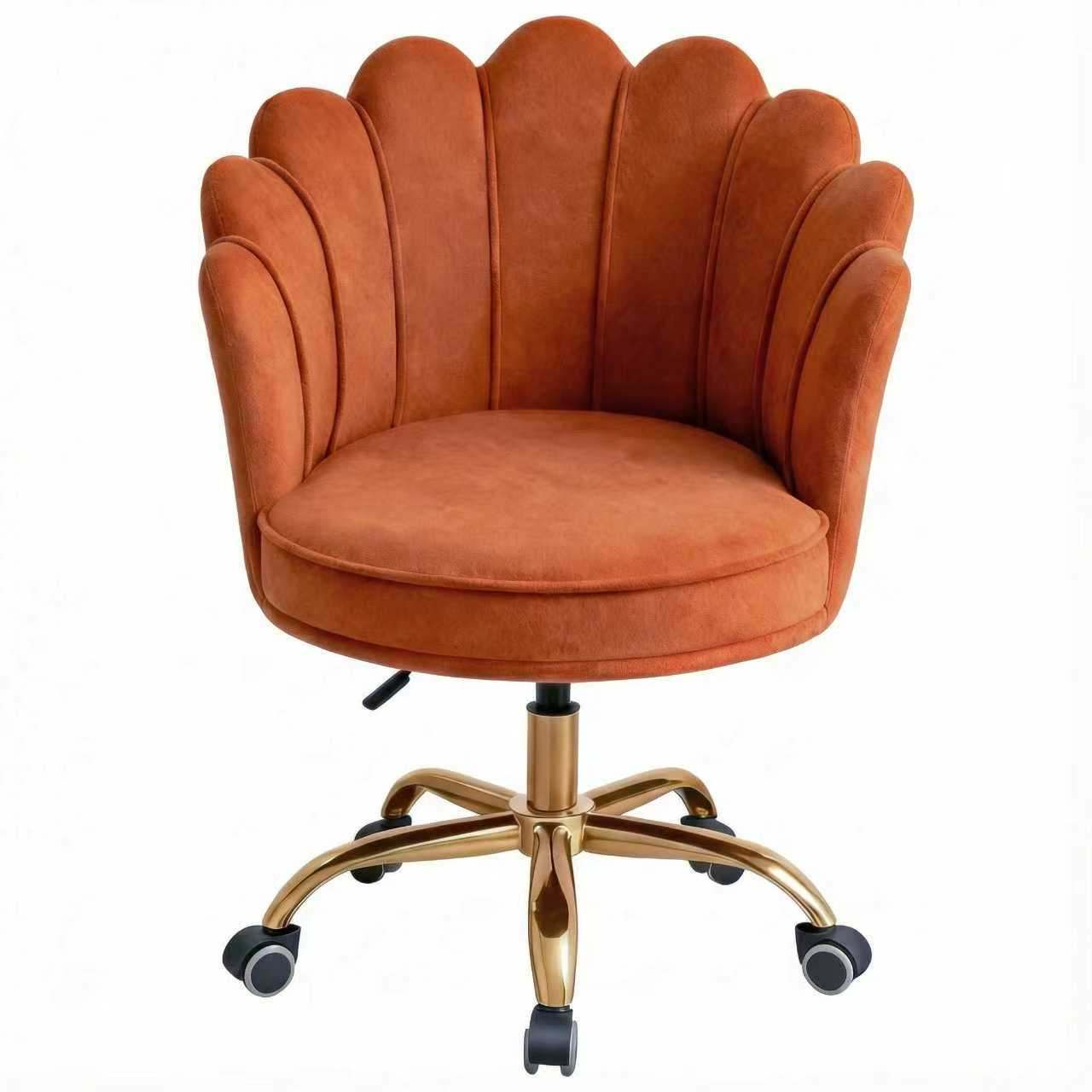 Oranje velvet schelp bureaustoel met goudkleurig onderstel en verstelbare zithoogte