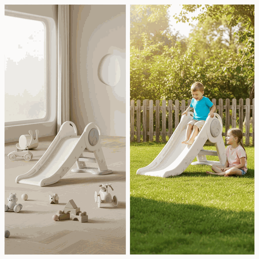 Glijbaan Peuter Basic Modern inklapbare witte en grijze glijbaan voor kinderen van 1-4 jaar binnen en buitengebruik
