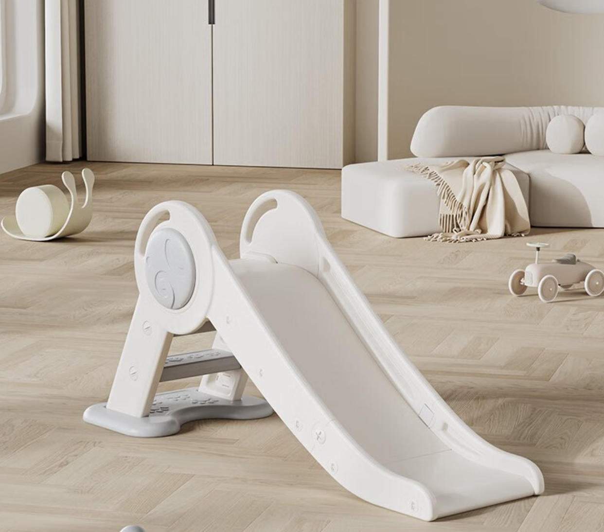 Glijbaan Peuter basic modern inklapbaar wit/grijs voor binnen en buiten, duurzaam kunststof, veilig en compact op te bergen