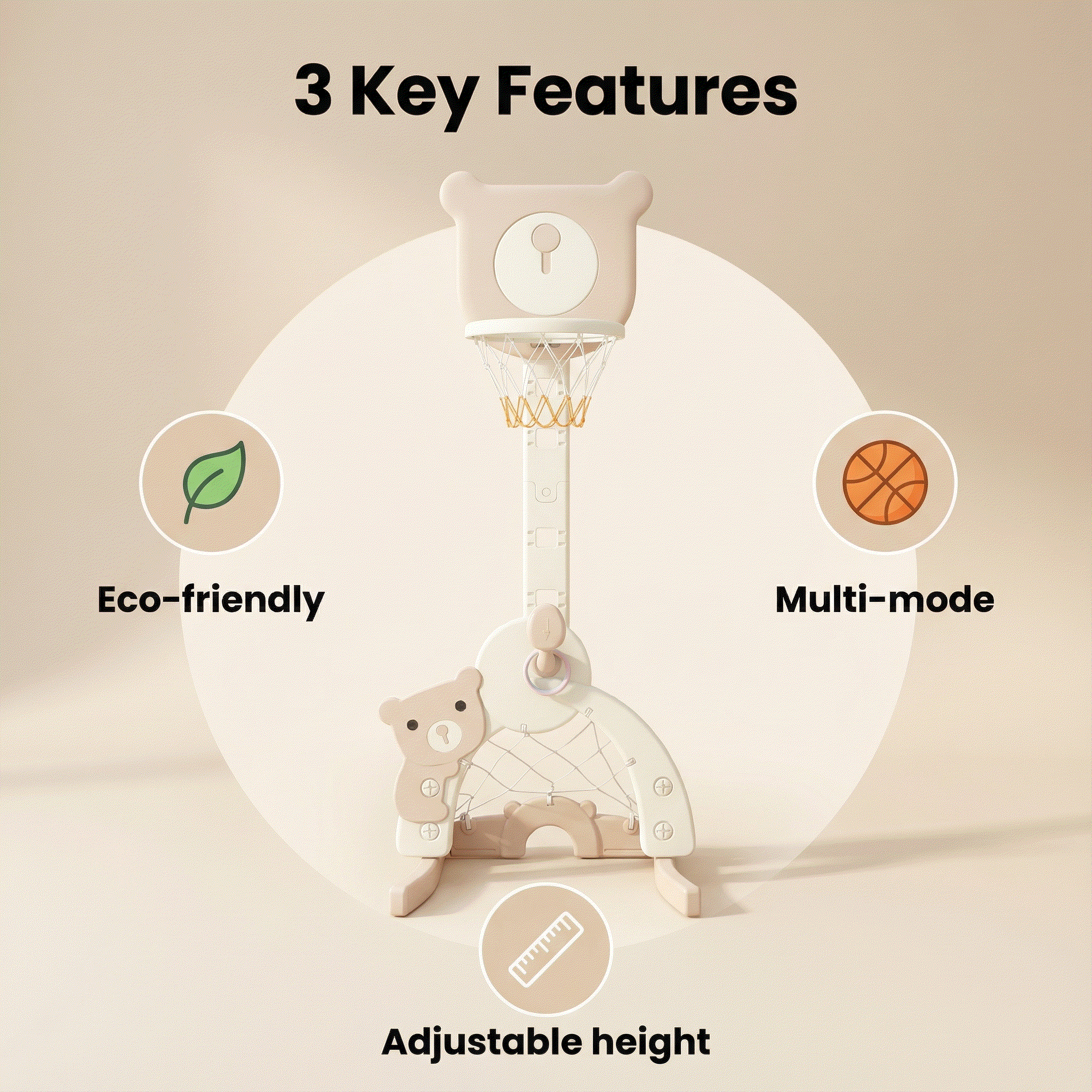 Beige Basketbalstandaard 3 in 1 met voetbaldoel en golfset in berenvorm voor kinderen tussen 1 en 4 jaar