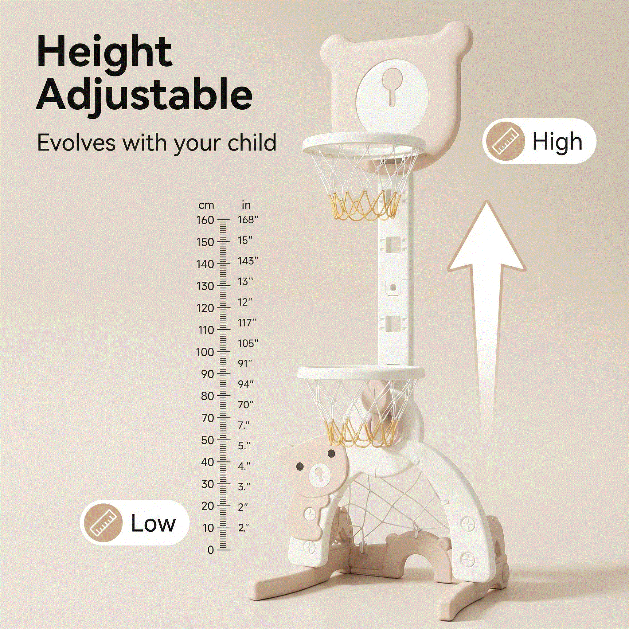 Beige basketbalstandaard 3 in 1 met voetbaldoel en golfset, kindvriendelijk en verstelbaar