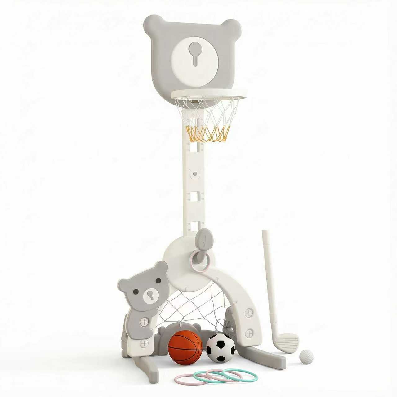 Basketbalstandaard 3 in 1, met voetbaldoel en golfset Beer Grijs