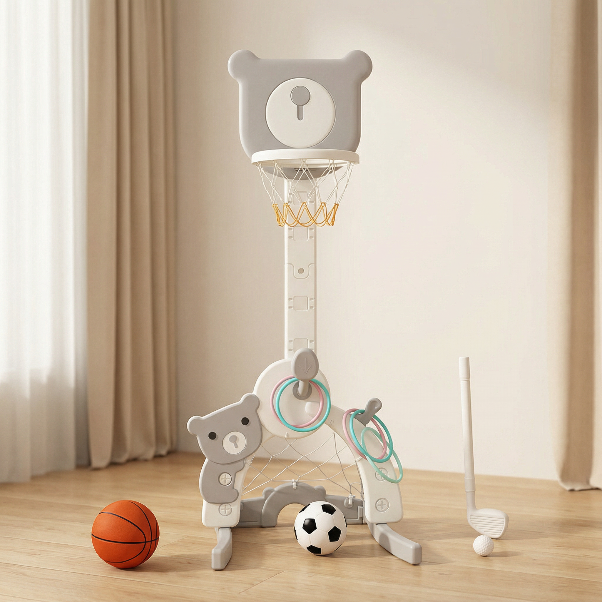 Basketbalstandaard 3 in 1, met voetbaldoel en golfset Beer Grijs