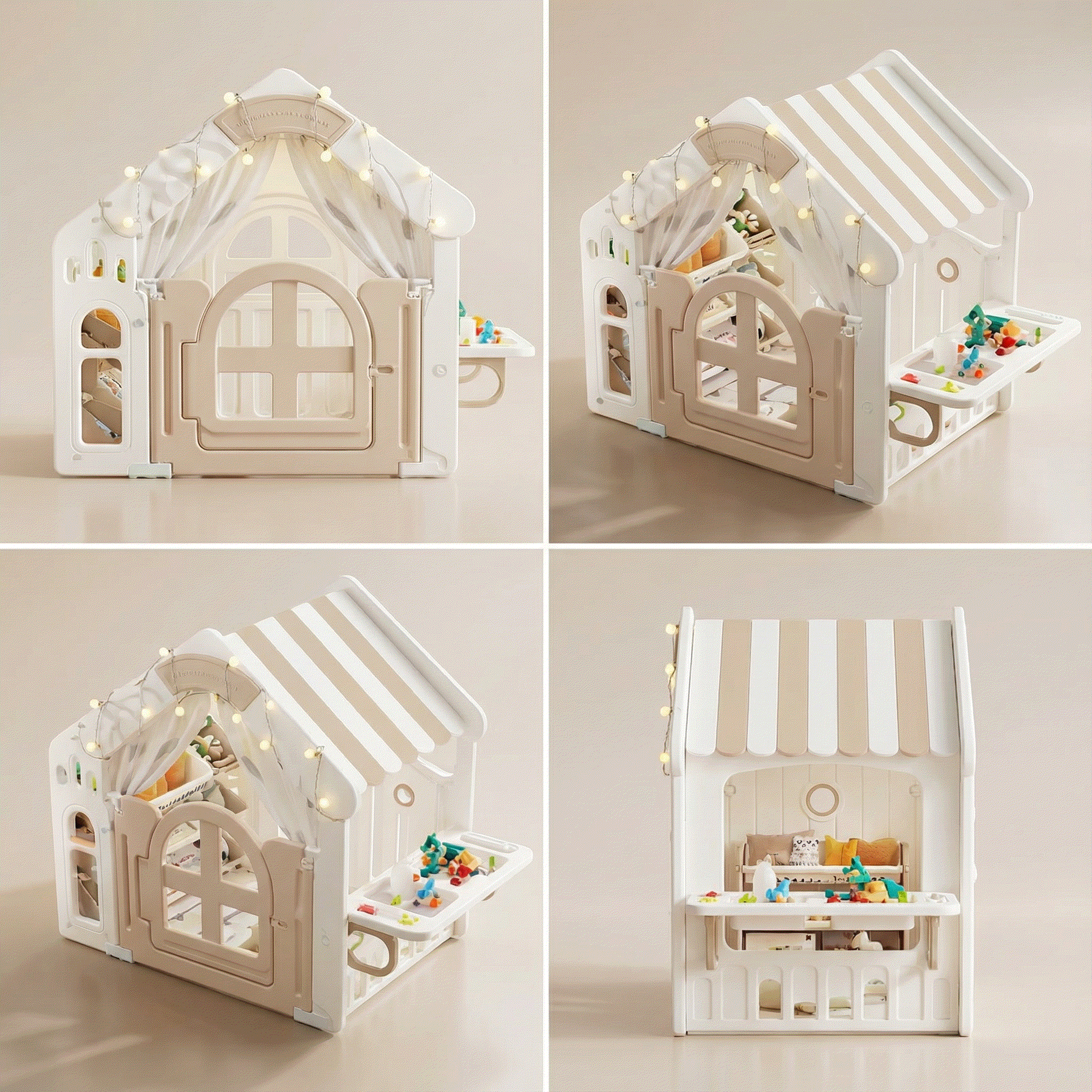 Beige kunststof speelhuisje met stoffen dak voor kinderen, inclusief accessoires en opbergvakken, geschikt voor binnen en buiten gebruik.