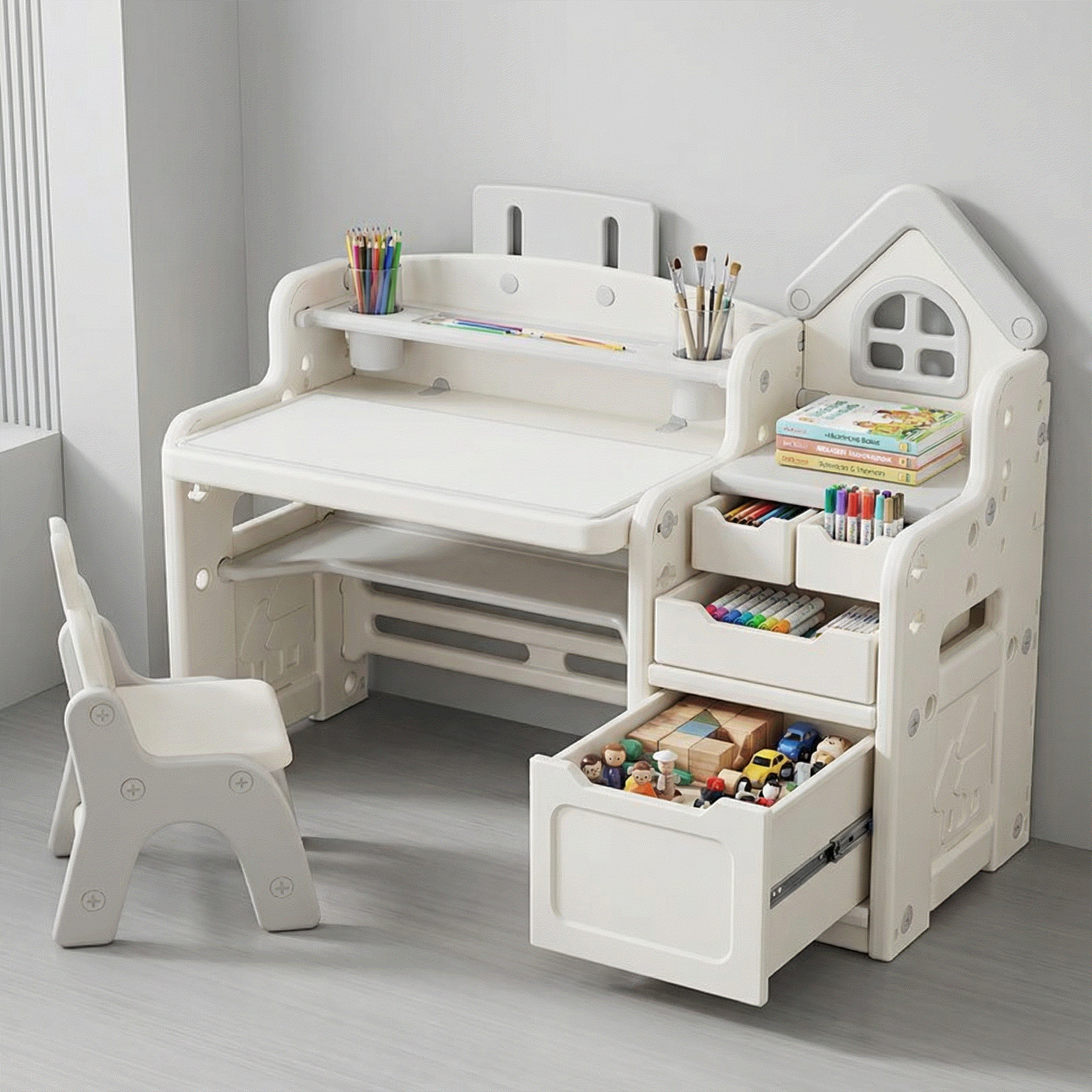 Grijs kinderbureau met stoel, opbergruimte en tekentafel voor kinderen, multifunctioneel en stevig ontwerp