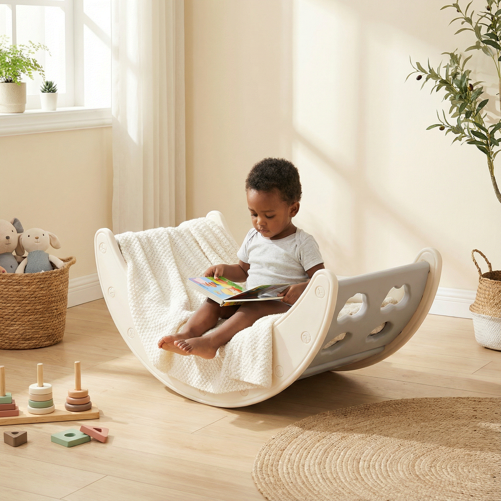 Montessori 4 in 1 speelelement offwhite met glijbaan, klimgedeelte en schommelbed voor kinderen