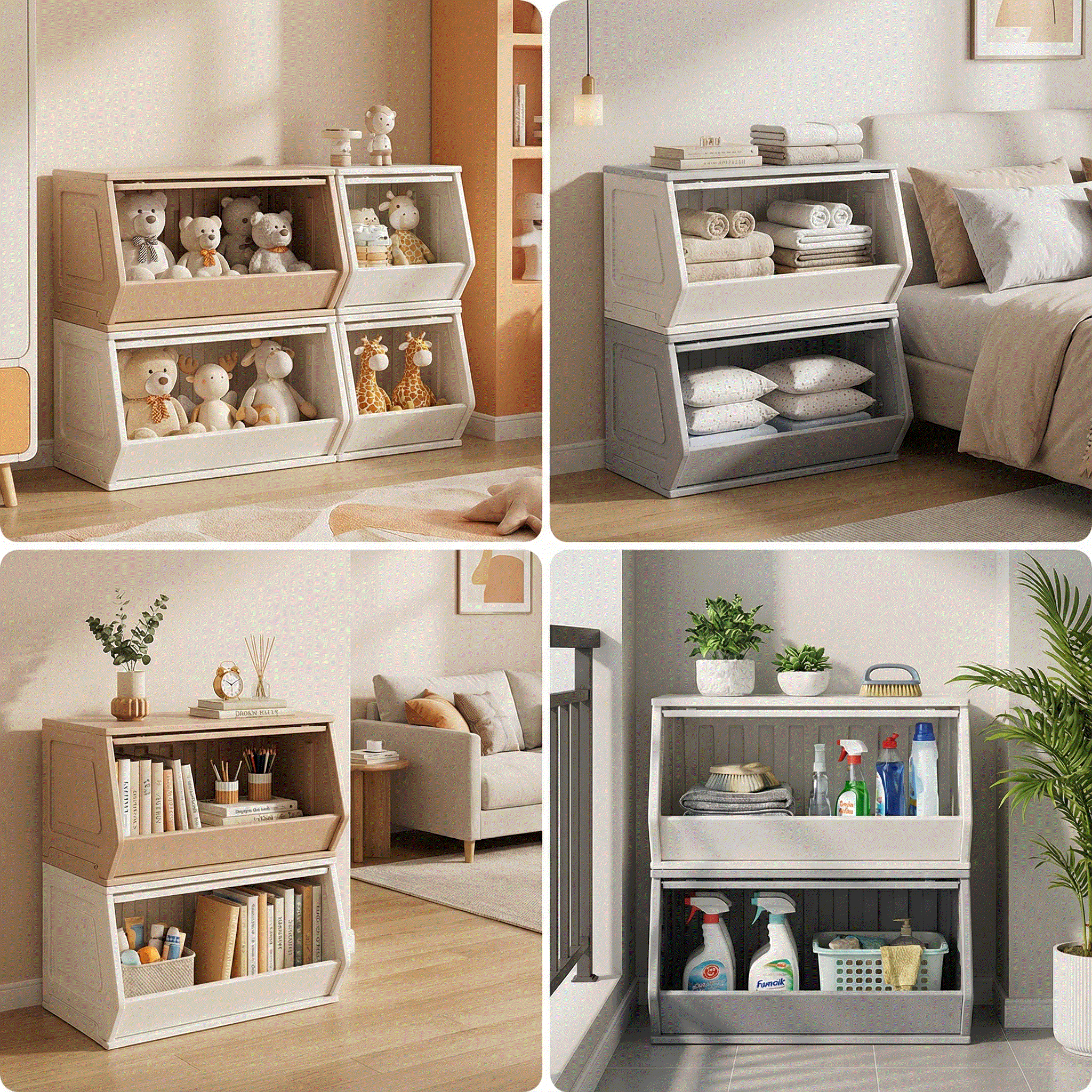 Opberg Combinatie Beige XL duurzame kunststof opbergoplossing met stapelbare bakken in beige en wit voor speelgoed en boeken